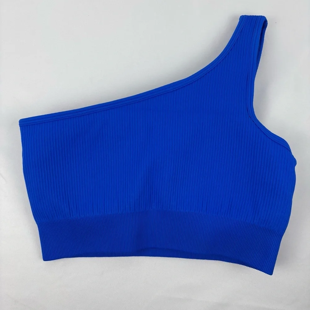 OQQ Vibrant Blue One-Shoulder Sports Bra Gym Yoga Activewear, Small